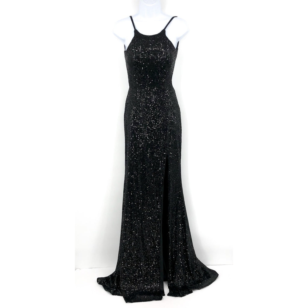 LA FEMME Sequin High Neck Dress Size 0 Black Long Slit Low Back 28529 NWT