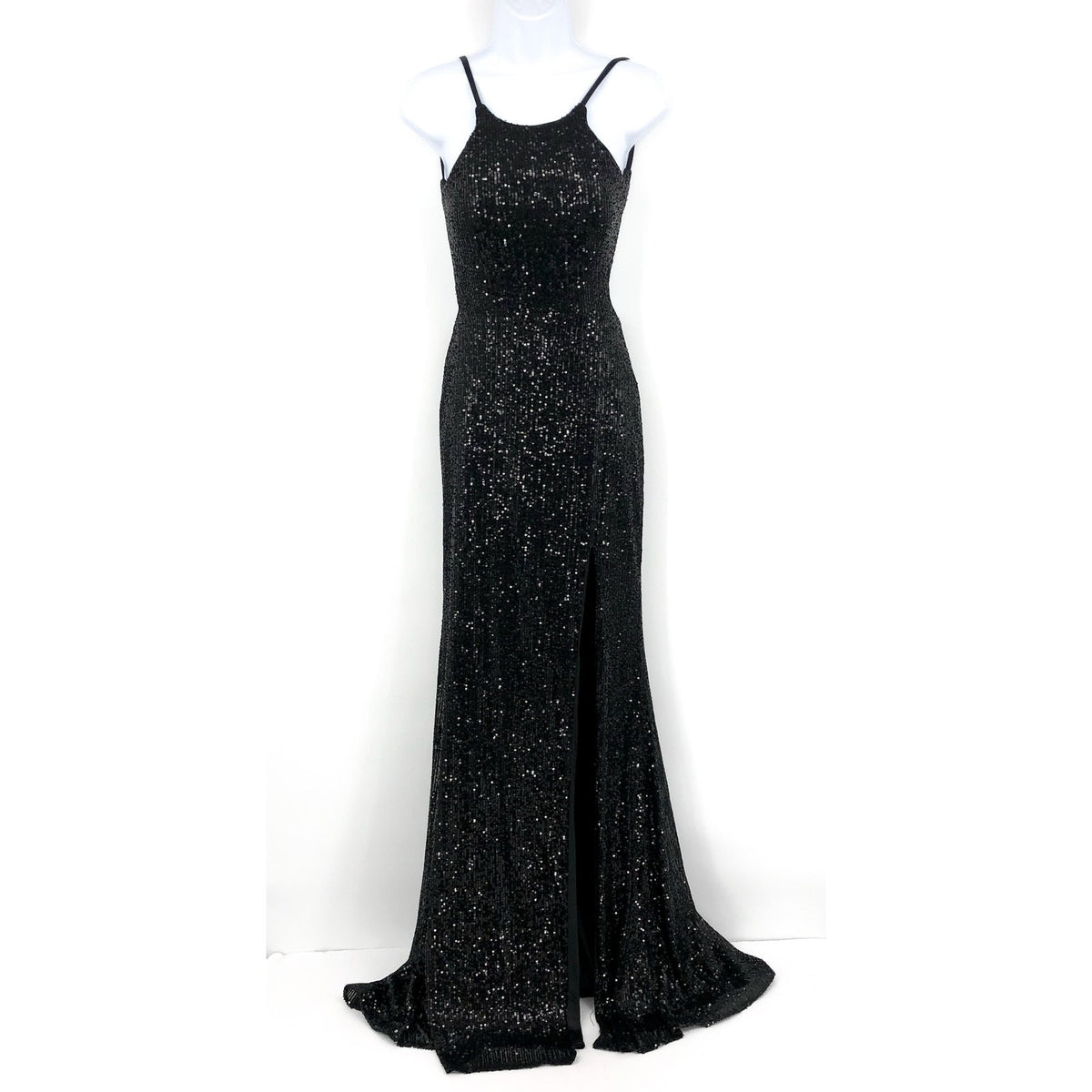 LA FEMME Sequin High Neck Dress Size 0 Black Long Slit Low Back 28529 NWT