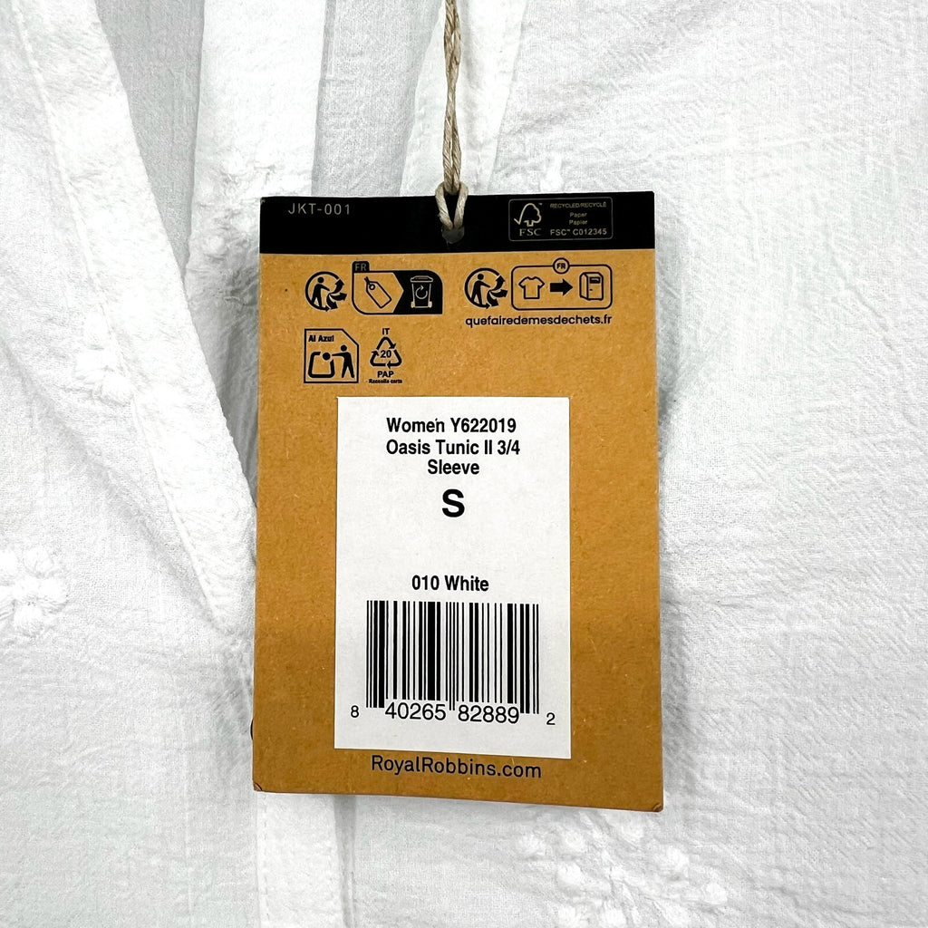 ROYAL ROBBINS Women's Oasis Tunic II Top Small White Embroidered 3/4 Sleeve NWT