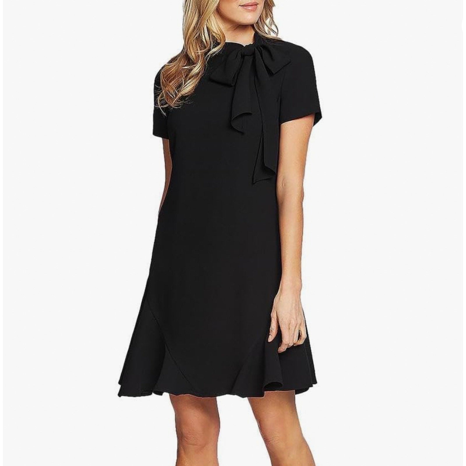 CECE Ruffled Bow Neck Mini Dress Size 10 Black Short Sleeve Fit & Flare NWT