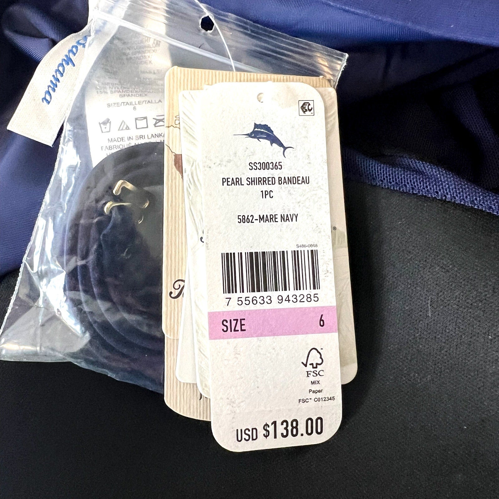 TOMMY BAHAMA Pearl Bandeau One Piece Swimsuit Size 6 Mare Navy Shirred NWT
