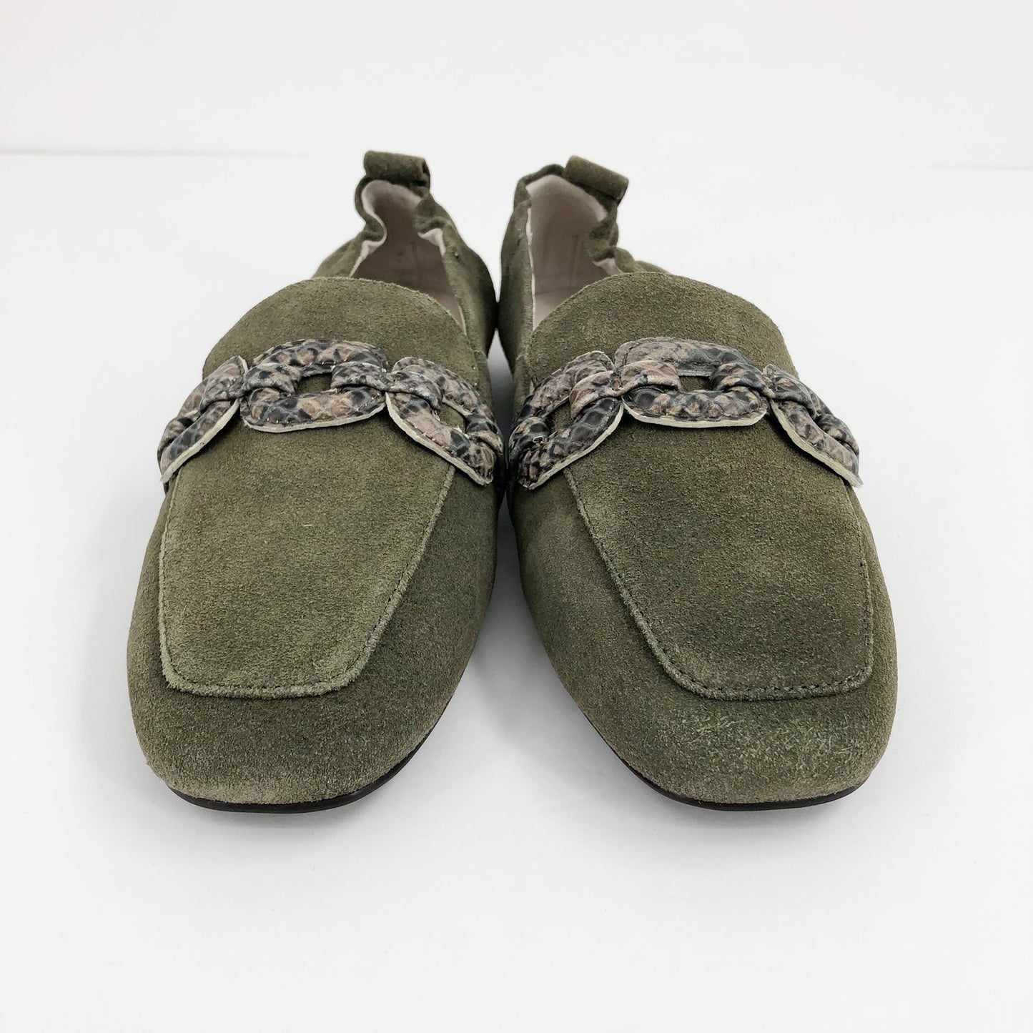 SANCTUARY Blast Suede Loafers 6.5 Olive Green Python-Embossed Bit NWOB