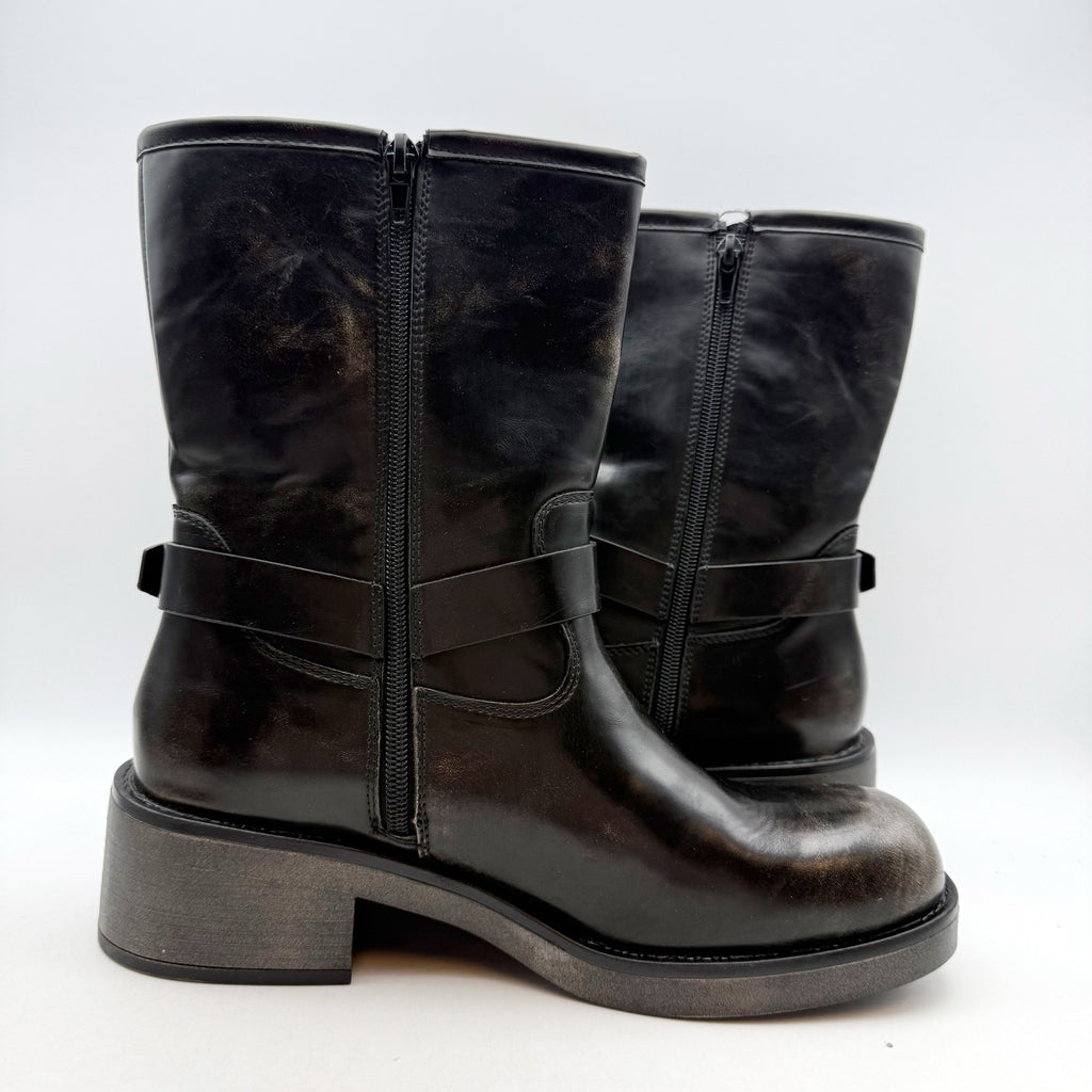 Bullboxer Womens Cora Motorcycle Boots US 8.5 Black Distressed Leather NWOB