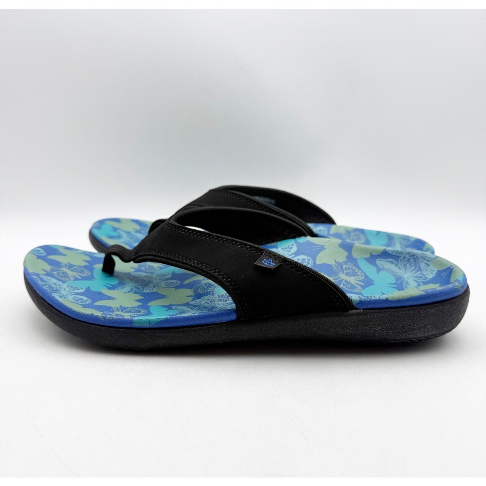 Spenco Women's Yumi Butterfly Sandals Size 8 WIDE Blue Black Flip Flop NWT