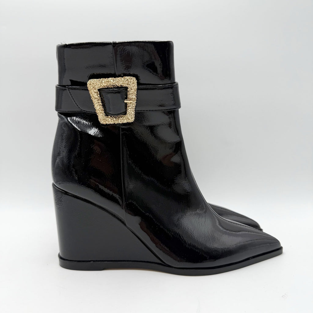 Sam Edelman Womens Weslie Wedge Heeled Bootie Size 6 Black Vegan Patent NWOB