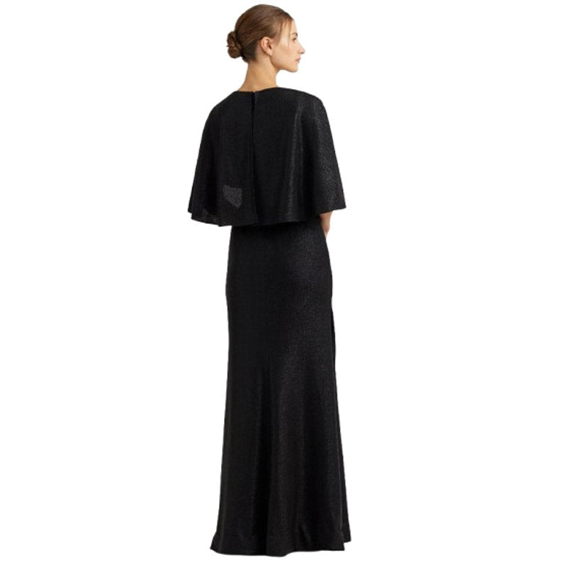 LAUREN RALPH LAUREN Twist-Front Cape Gown Size 6 Black Metallic Knit Dress NWT