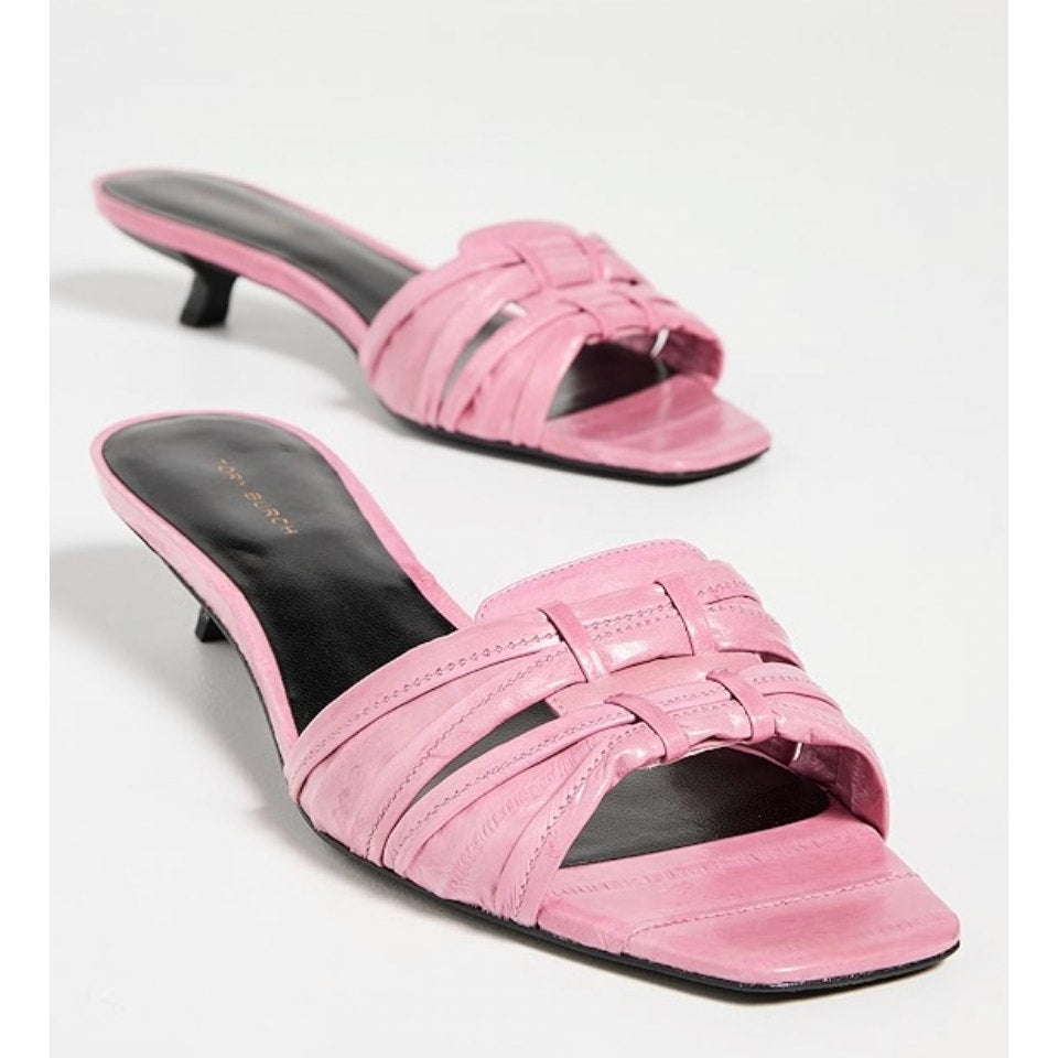 Tory Burch Womens 35mm Ruched Slide Sandals US 7.5 M Pink Bubblegum Leather NIB