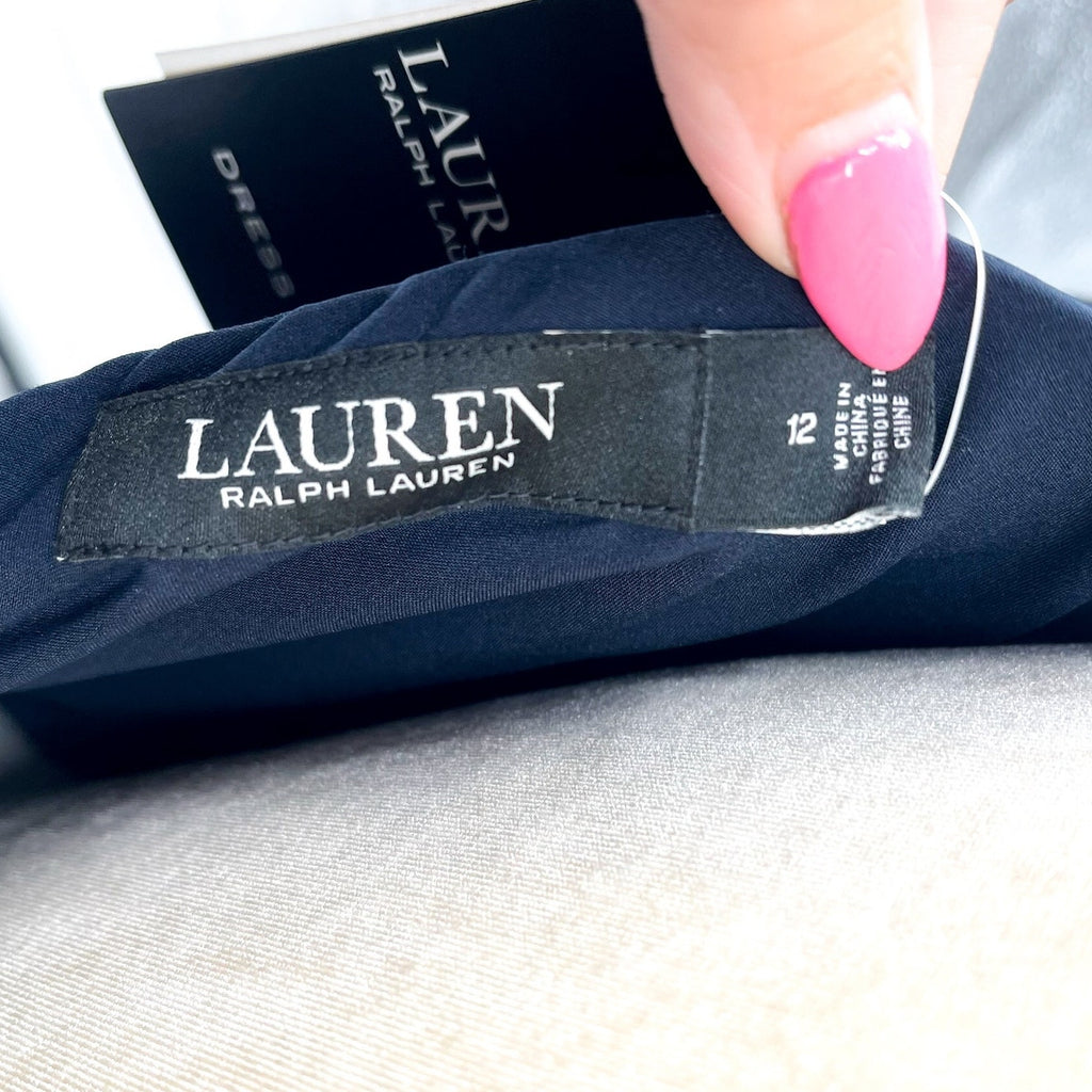 LAUREN RALPH LAUREN One-Shoulder Crepe Cocktail Dress Size 12 Navy Blue Midi NWT