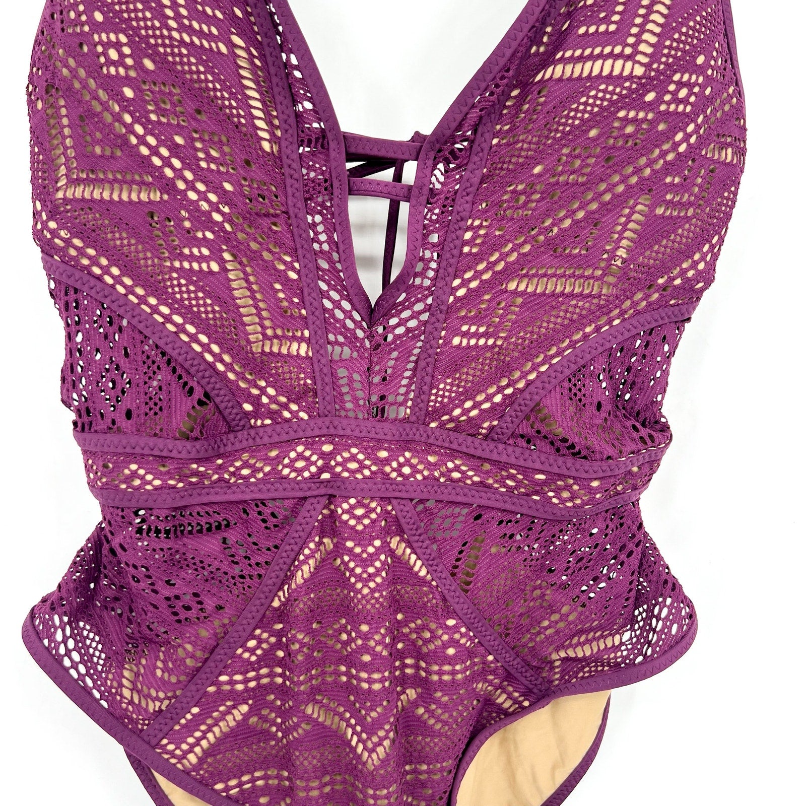 BECCA Women's Plunge One-Piece Swimsuit Large Purple Color Play Crochet NWT