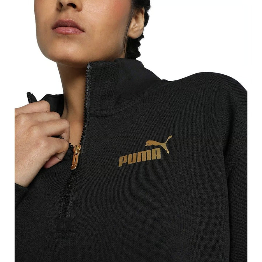 PUMA Women's Half-Zip Sweatshirt Large Black Minimal Gold Pullover NWT