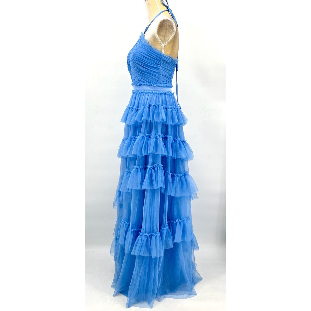 AQUA Women's Tulle Tiered Ruffle Gown Size 2 Cornflower Blue Open Back Dress NWT