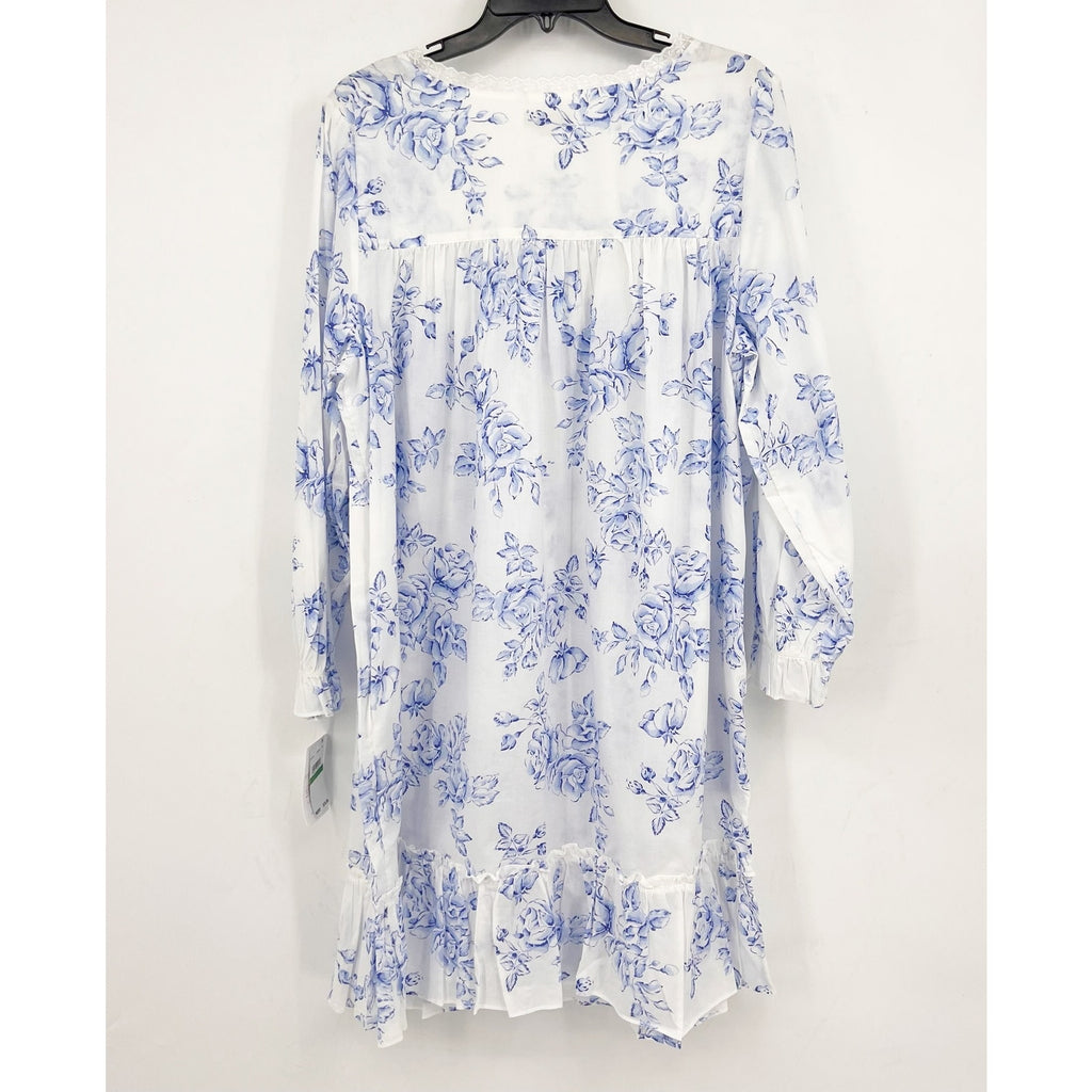 EILEEN WEST Short Nightgown Large Blue White Floral Long Sleeve Cotton Knit NWT