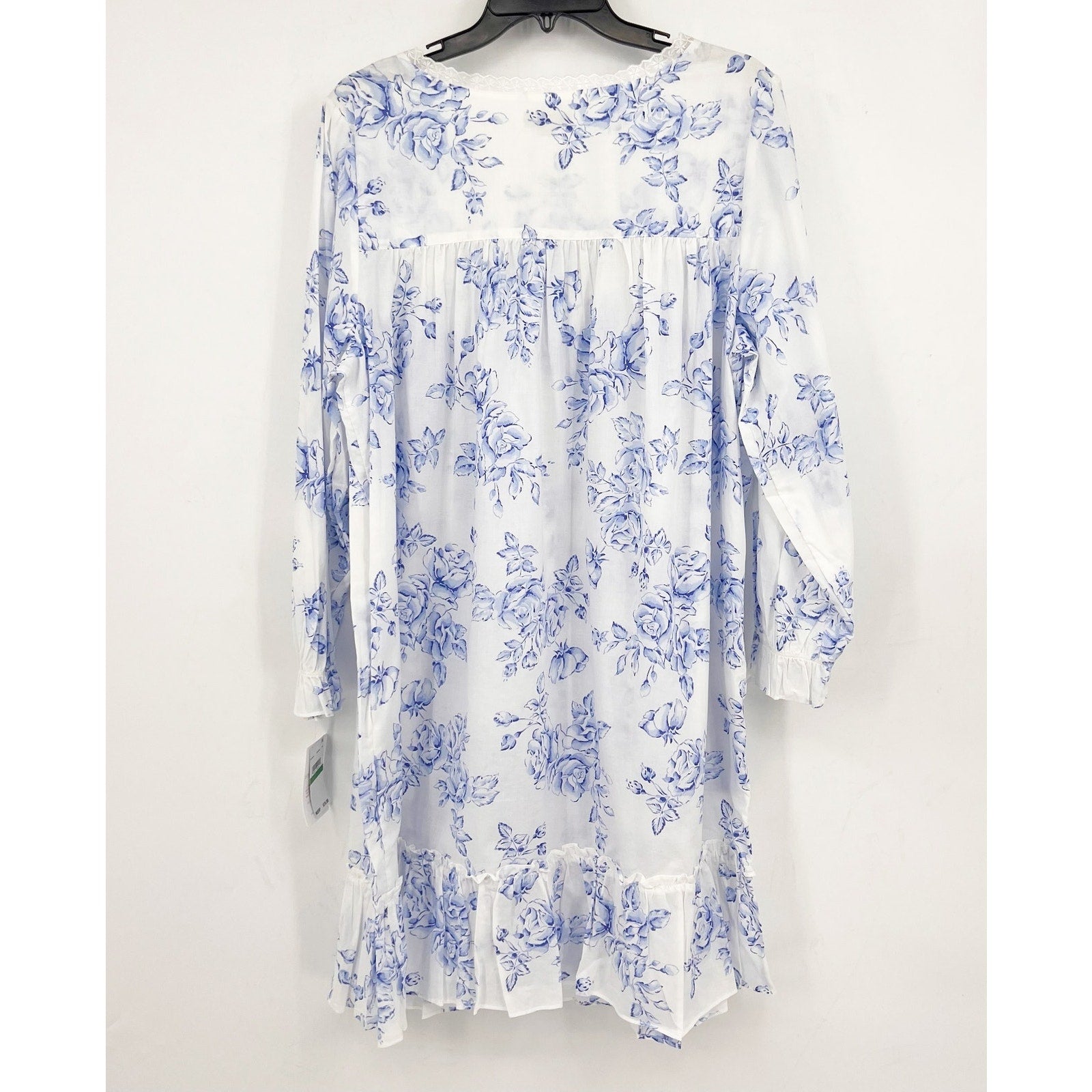 EILEEN WEST Short Nightgown Large Blue White Floral Long Sleeve Cotton Knit NWT