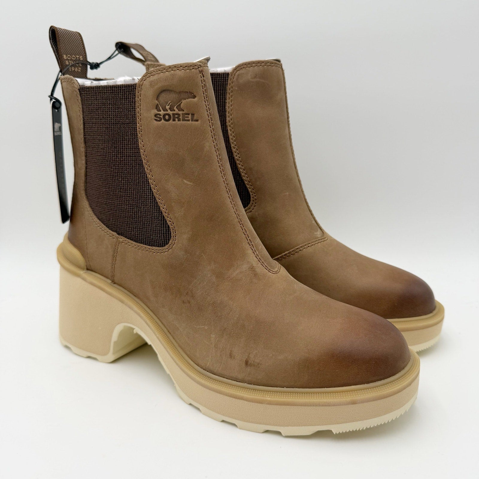 Sorel Womens Hi-Line Heel Chelsea Boot US 8 Taupe Tan Leather Waterproof NIB