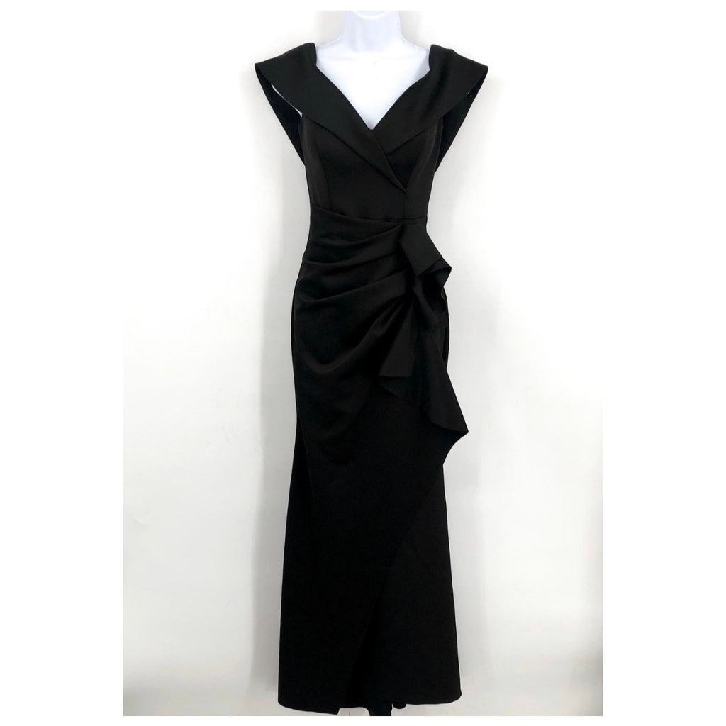 XSCAPE Women's Scuba Off The Shoulder Gown Size 14 Black Ruffle Crepe NWT