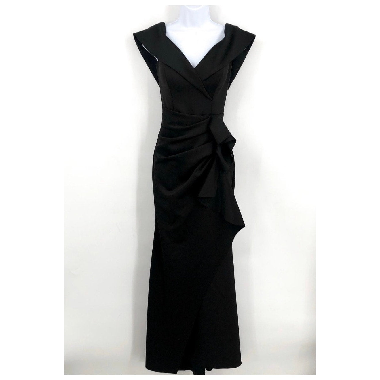 XSCAPE Women's Scuba Off The Shoulder Gown Size 14 Black Ruffle Crepe NWT