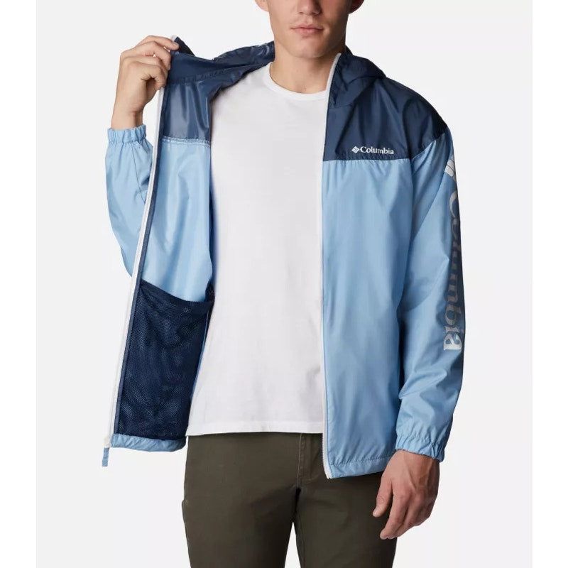 COLUMBIA Mens Flash Challenger Novelty Windbreaker Medium Blue Hooded Jacket NWT