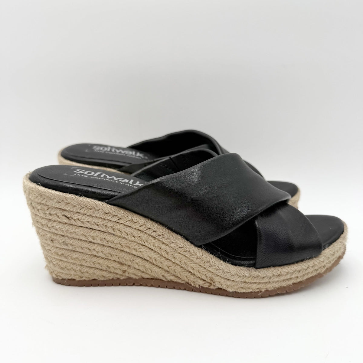 SoftWalk Womens Halsey Wedge Sandal Size 7.5 NARROW Black Leather Espadrille NIB