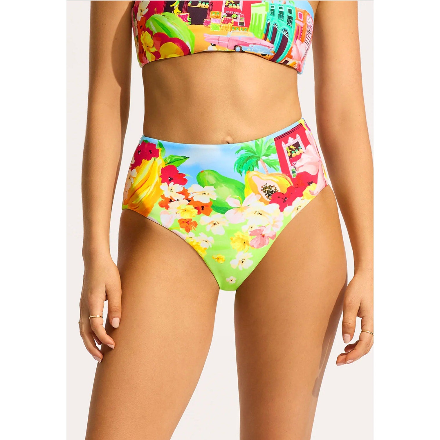 SEAFOLLY Women's Cuba High Waisted Bikini Bottom Size 12 Turquoise Multi NWT