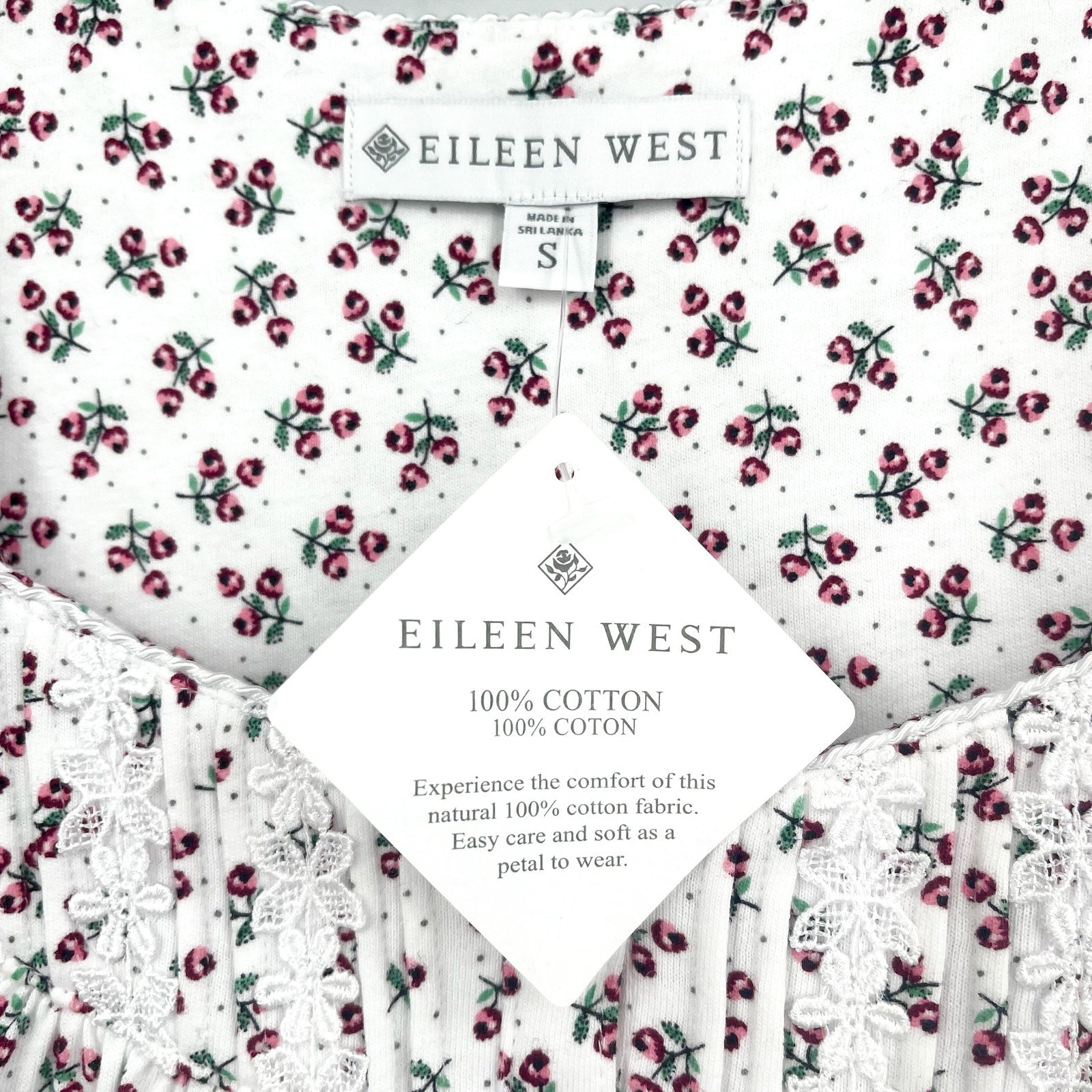 EILEEN WEST Women's Cotton Flannel Nightgown Small White Ditsy Floral NWT
