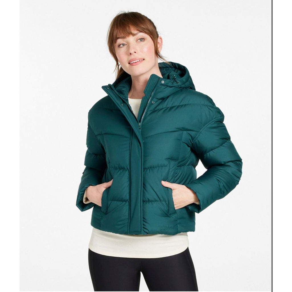 L.L. BEAN Womens Popham Puffer Jacket XL Green Dark Pine Hooded 650 Fill NWT