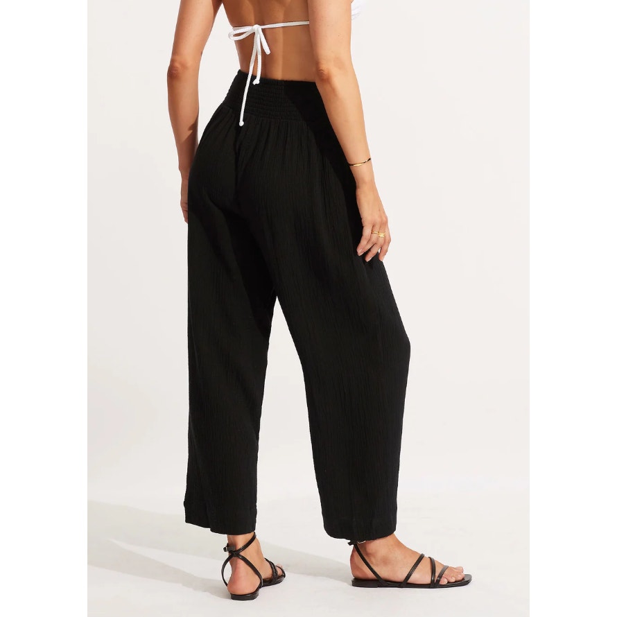 SEAFOLLY Womens Double Cloth Shirring Pants XS Black Pull-On Cover Up Casual NWT