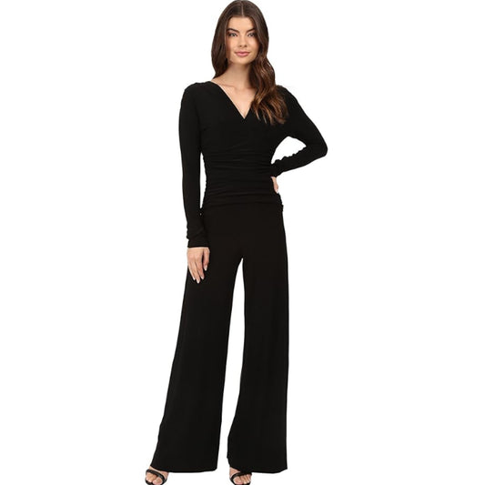 NORMA KAMALI V-Neck Long Sleeve Jumpsuit Large 40 Black Shirred Waist NWT