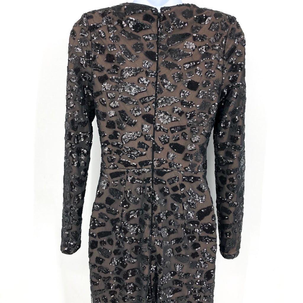 DRESS THE POPULATION Carson Sequin Leopard Jumpsuit XS Black Long Sleeve NWOT