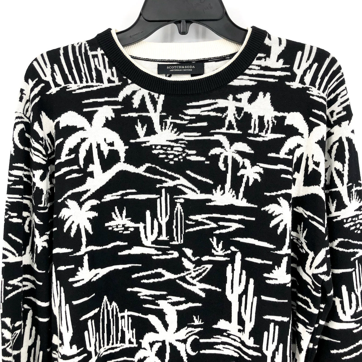 SCOTCH & SODA Mens Pullover Woven Sweatshirt XL Black White Palm Print NWT