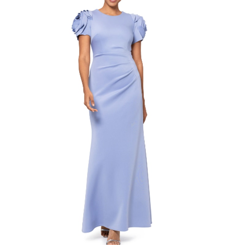 XSCAPE Rosette Ruched Sheath Gown Size 12 Sky Blue Short Sleeve Floral 4721X NWT