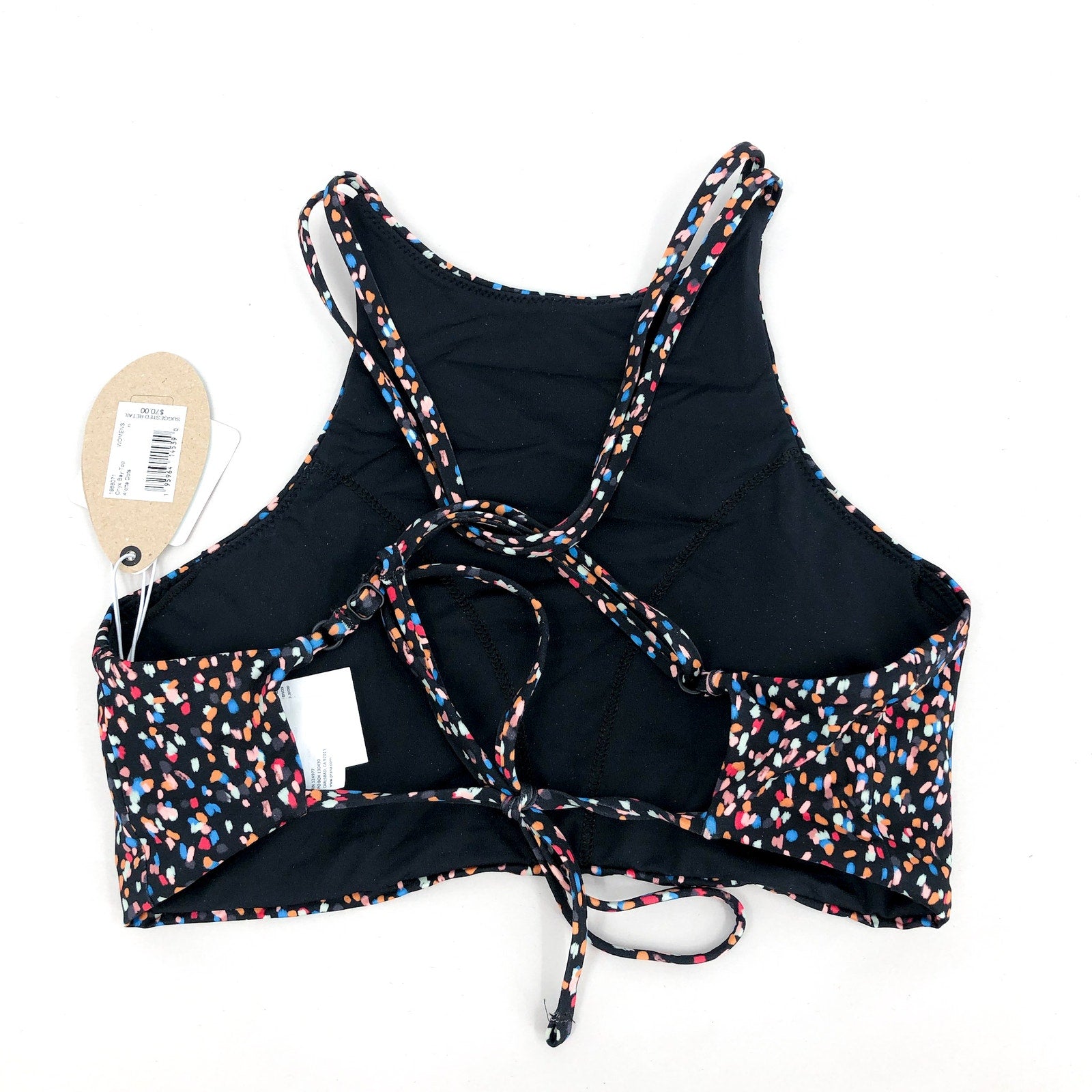 PRANA Women's Onyx Bay Bikini Top Small Black Alotta Dots High Neck NWT