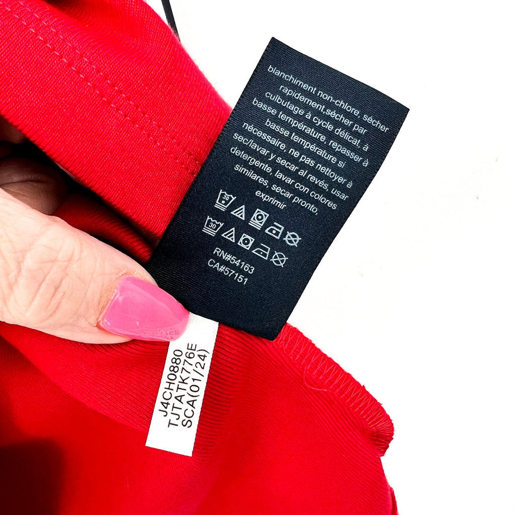 Tommy Hilfiger Womens Ribbon Cuff Logo T-Shirt Small Red Crewneck Cotton NWT
