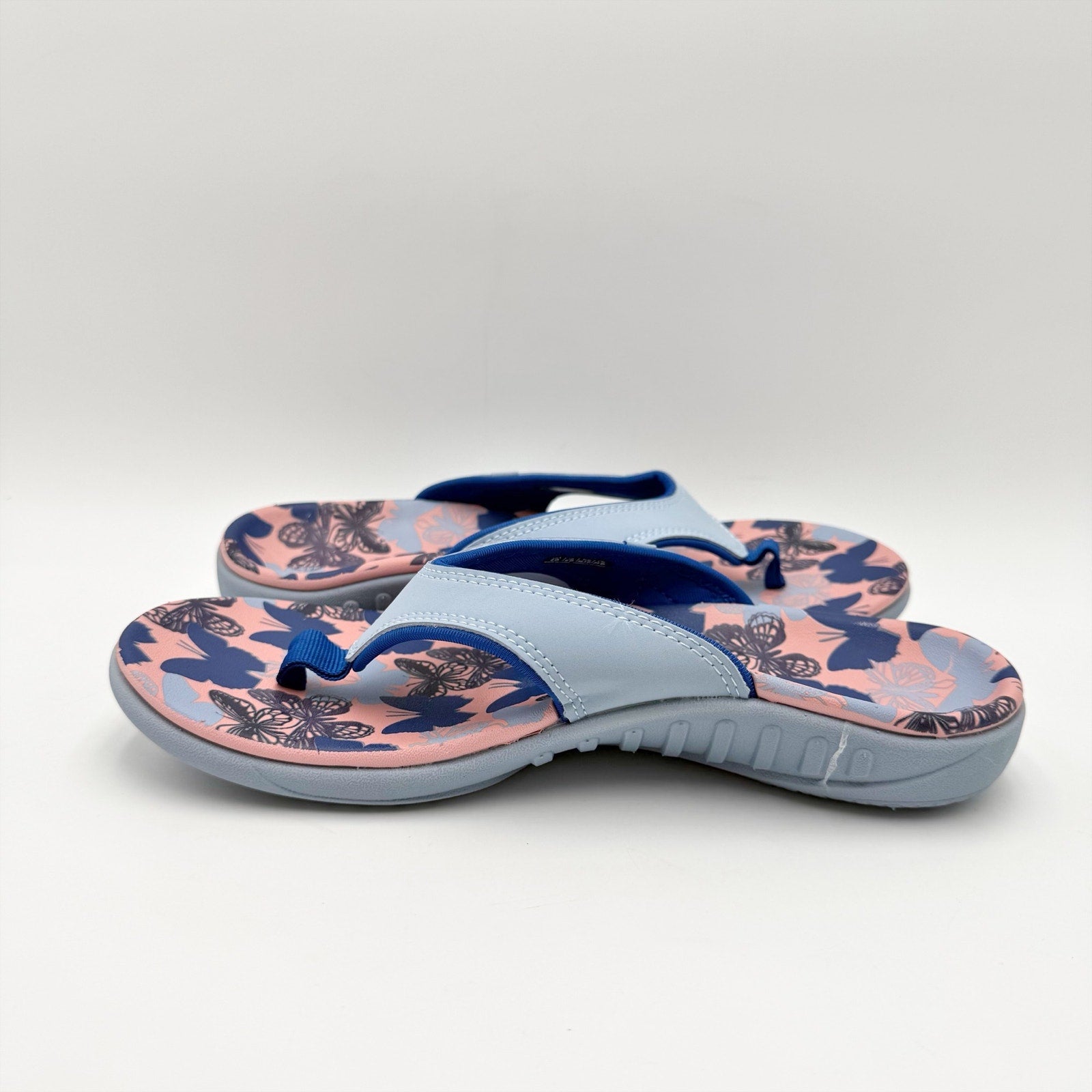 Spenco Womens Yumi Butterfly Sandals Size 8 WIDE Blue Pink Flip Flops NWOB