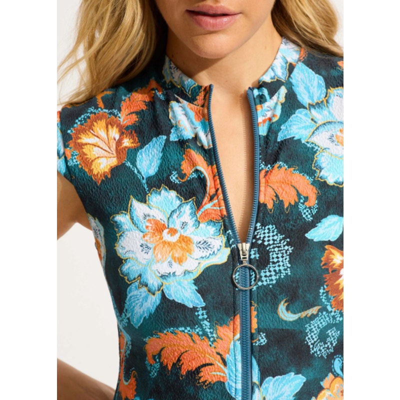 SEAFOLLY Spring Festival Zip Front One Piece Swimsuit US 12 Navy Blue Floral NWT