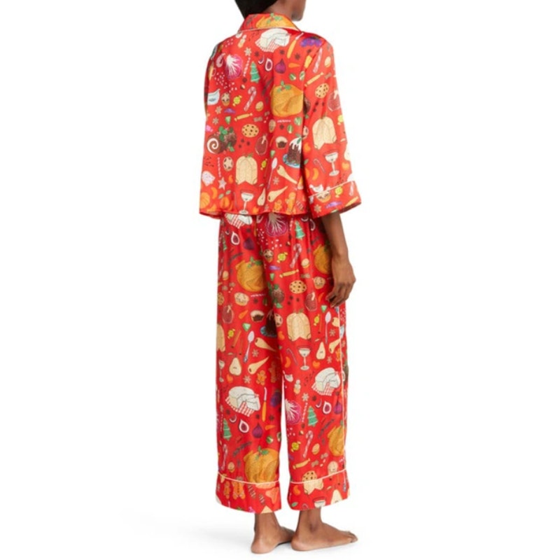 KAREN MABON Women's Holiday Feast Pajama Set XS Red Print Long Sleeve NWT