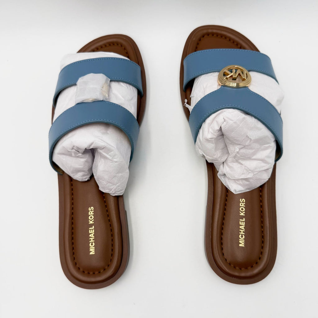 Michael Kors Womens Erin Leather Flat Sandals Size 6.5 Light Blue Chambray NIB