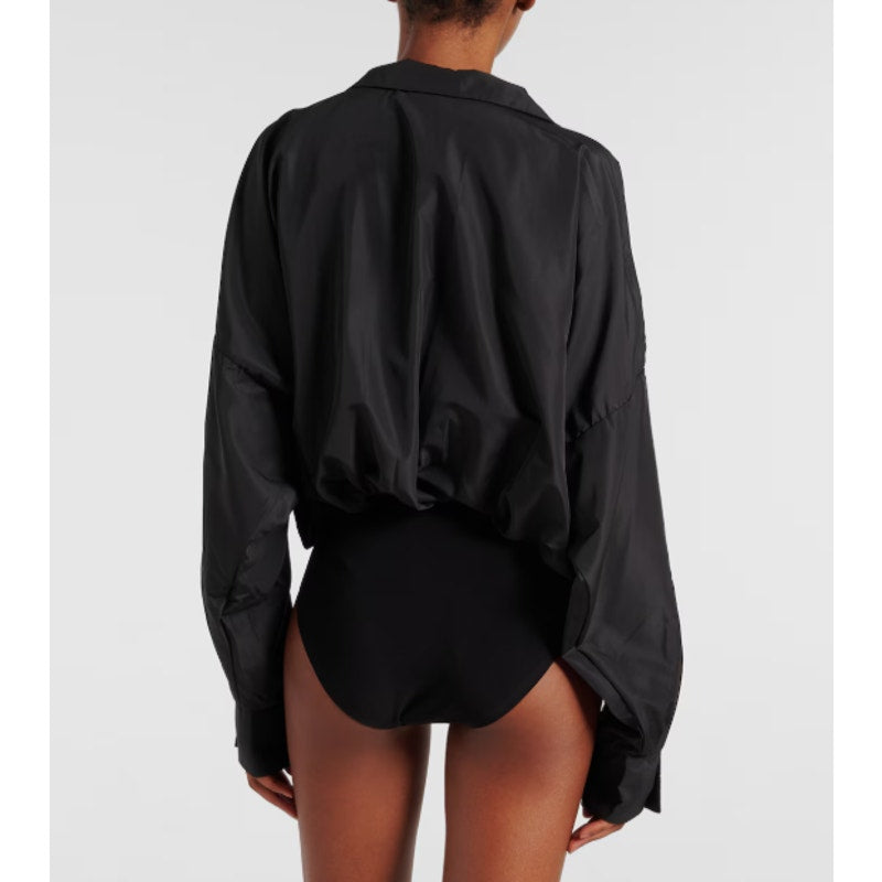 NORMA KAMALI Super Oversized Boyfriend Shirt Bodysuit Small Habotai Black NWOT