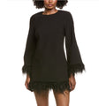 LIKELY Womens Marullo Feather Trim Mini Dress Size 4 Black Long Sleeve Shift NWT