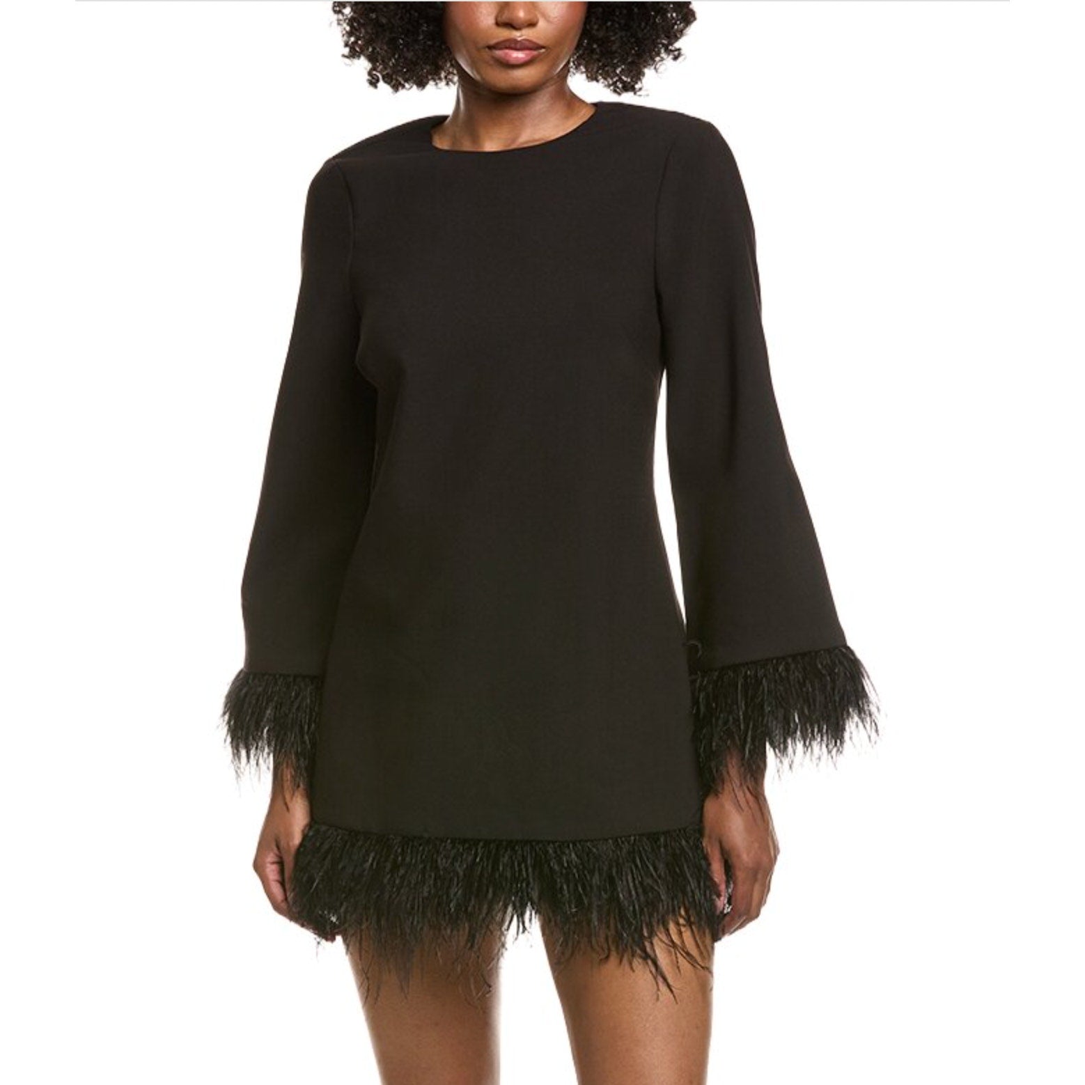 LIKELY Womens Marullo Feather Trim Mini Dress Size 4 Black Long Sleeve Shift NWT
