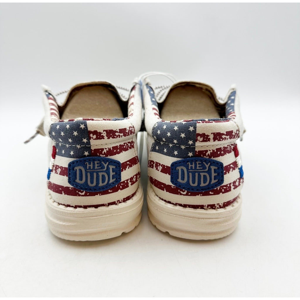 HEY DUDE Mens Wally Patriotic Shoe Size 6 EU 39 Off White Multi Slip On NIB