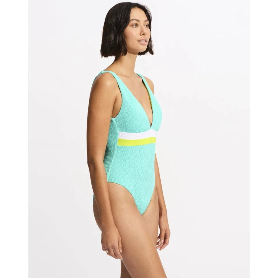SEAFOLLY Spliced V Neck One Piece Swimsuit Size 10 Green Blue Lime Burst NWT