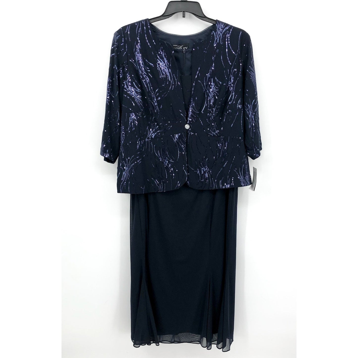 ALEX EVENINGS Chiffon & Sequin Dress & Jacket Set 18W Navy Blue Formal NWT