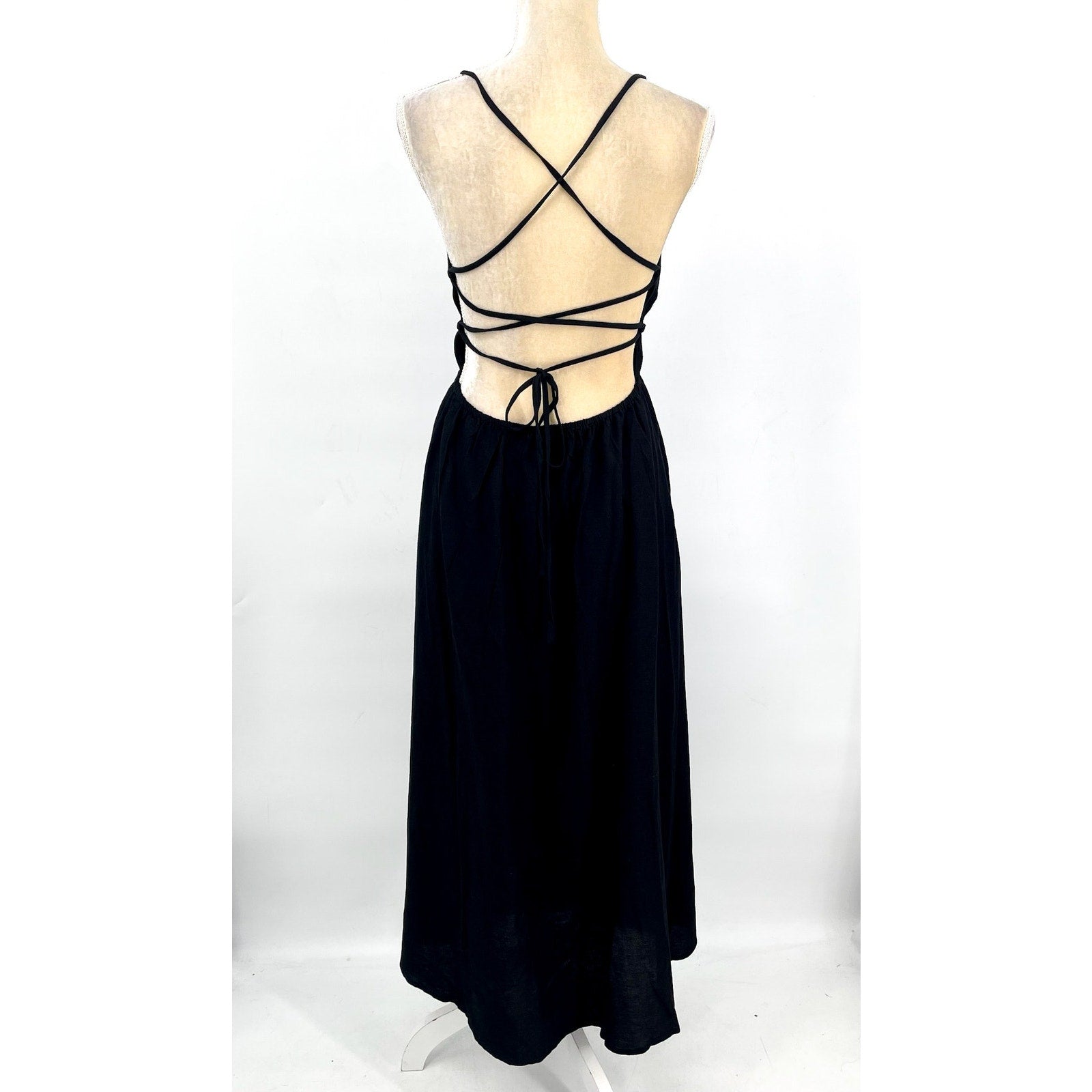 L*SPACE Women's Playa Vista Maxi Dress Medium Black Criss-Cross Linen Cotton NWT