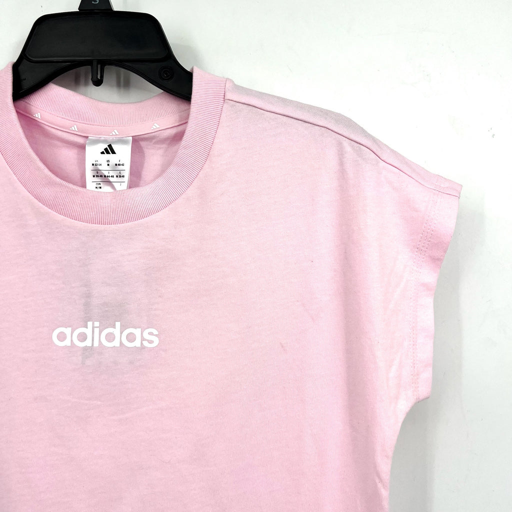 ADIDAS Women's Essentials Linear Cotton Tee Medium Pink White Short Sleeve NWT
