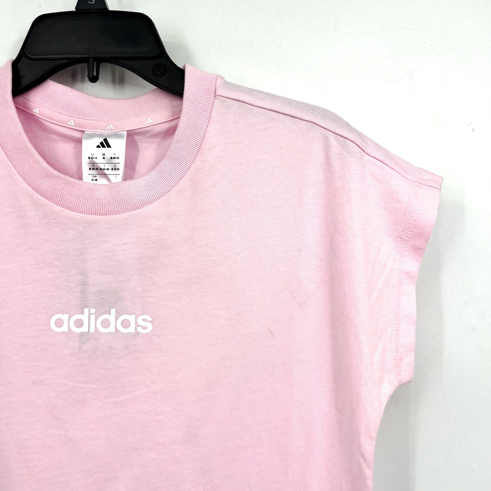ADIDAS Women's Essentials Linear Cotton Tee Medium Pink White Short Sleeve NWT