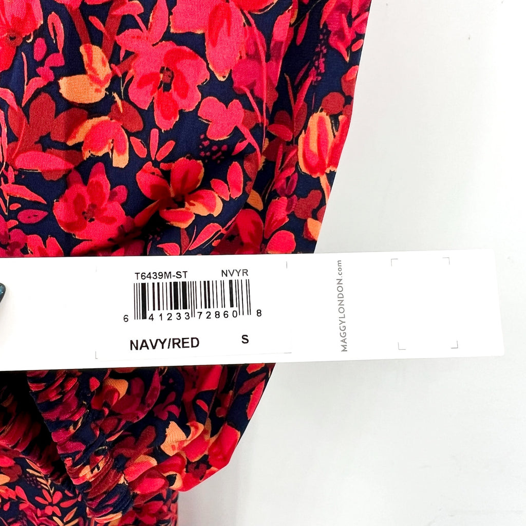 MAGGY LONDON Womens Floral V-Neck Dress Small Navy Blue Red Smocked NWT