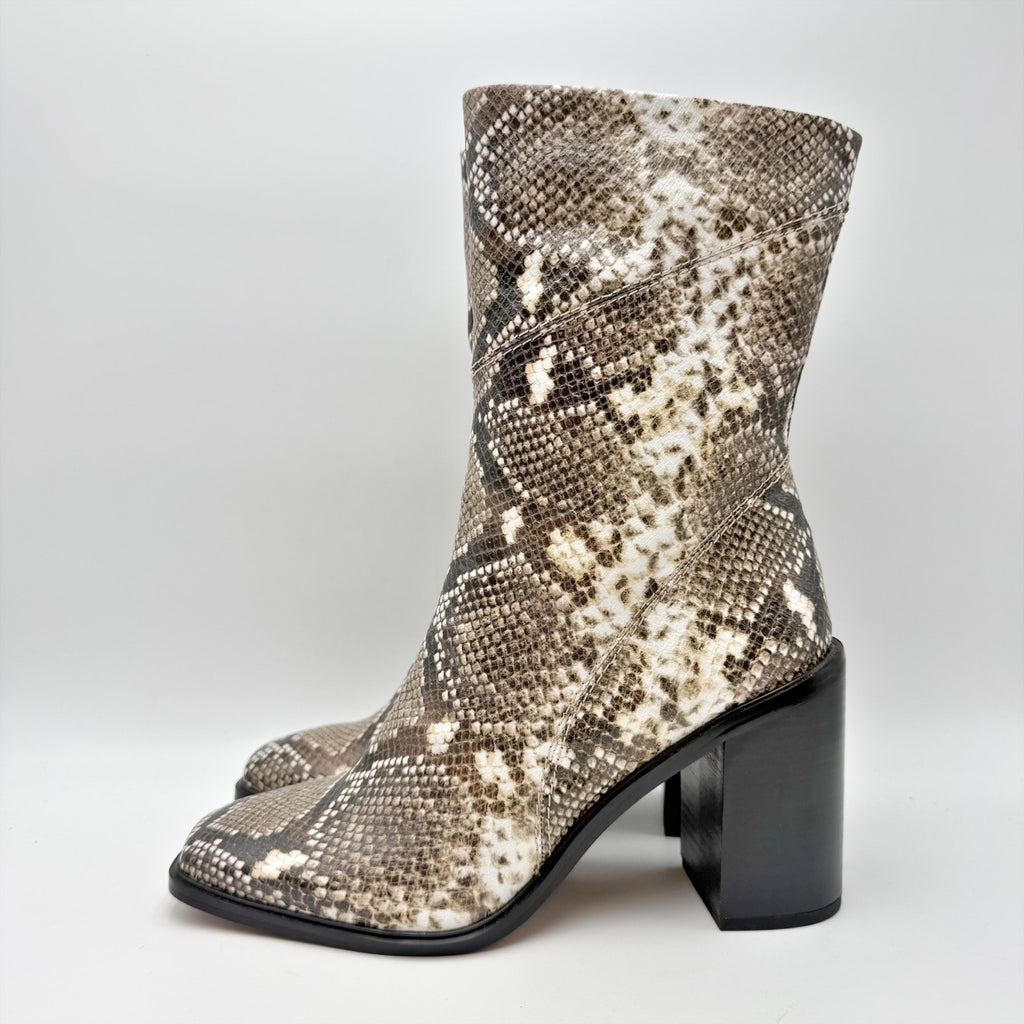 Franco Sarto Womens Stevie Mid Calf Boots Size 8.5 Tan Black Snake Leather NWOB