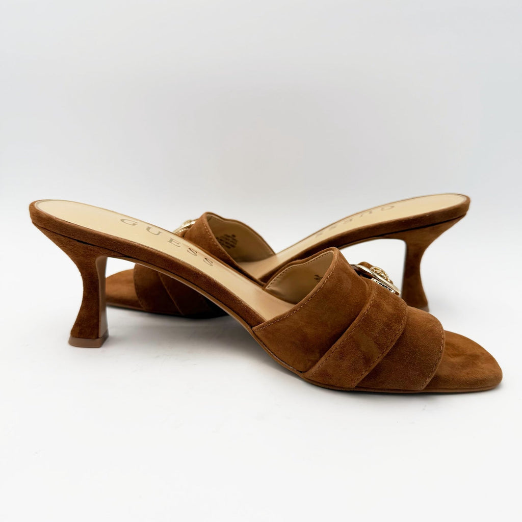 Guess Womens Dittara Kitten Heel Slide Sandals Size 10 Brown Cognac Suede NWOB