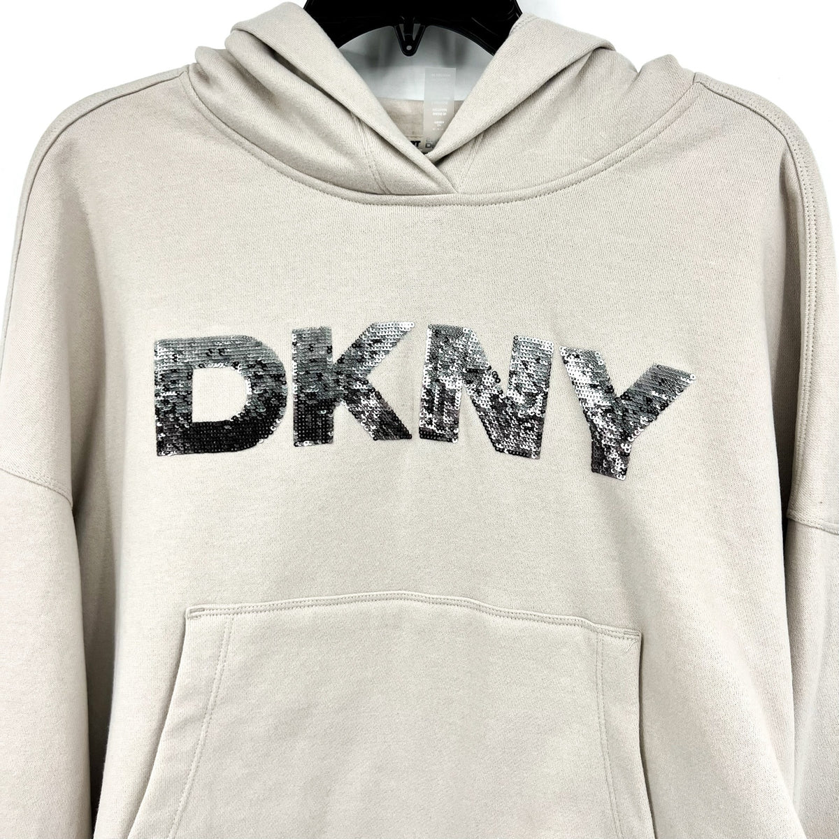 DKNY Women's Sequin Hoodie Medium Taupe Beige Pullover Sweatshirt NWT