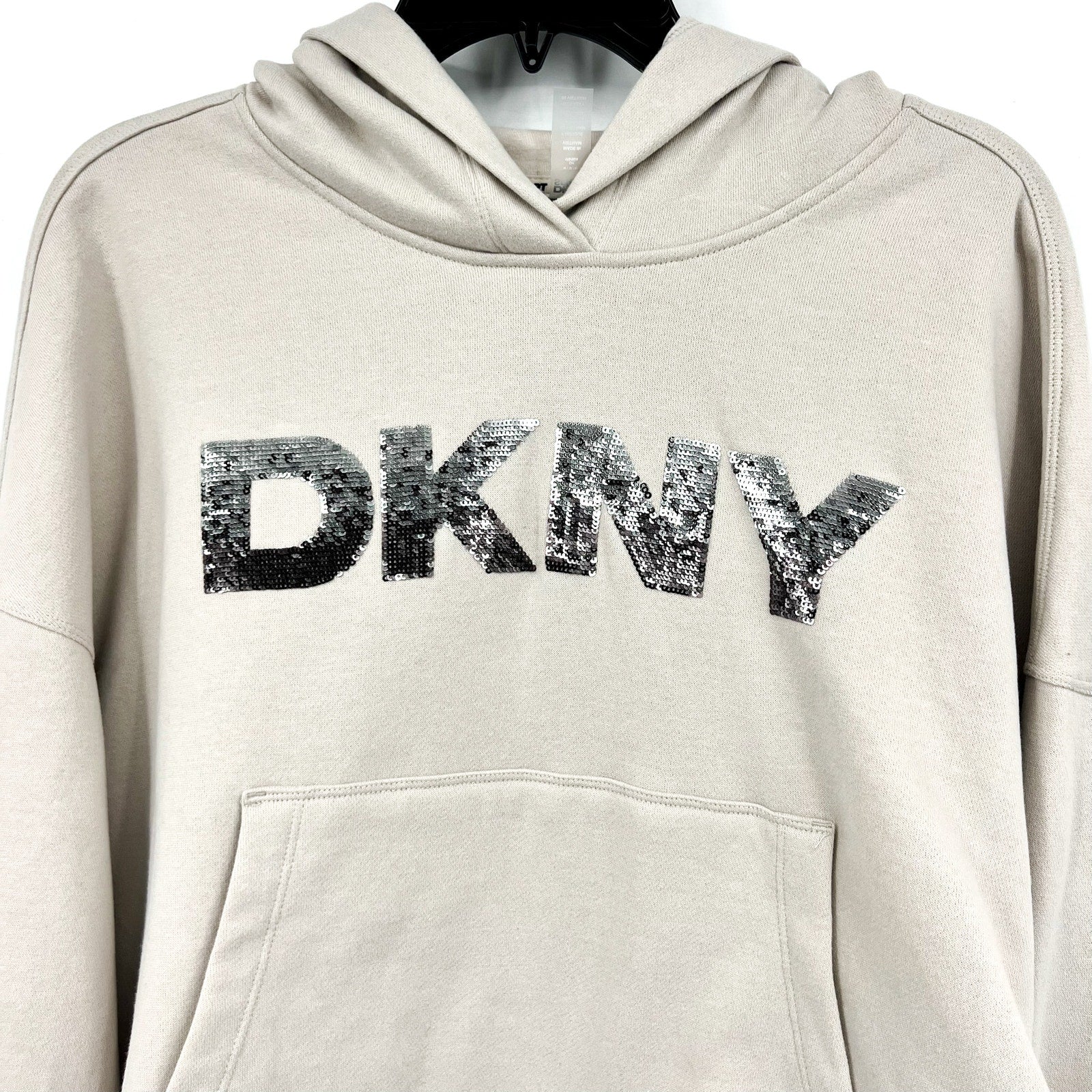 DKNY Women's Sequin Hoodie Medium Taupe Beige Pullover Sweatshirt NWT